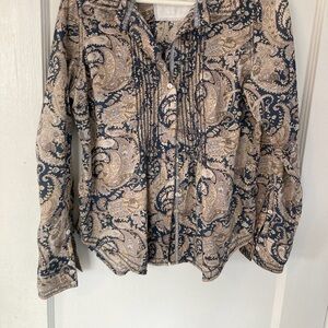 Paisley Button-Front Blouse in Navy and Beige